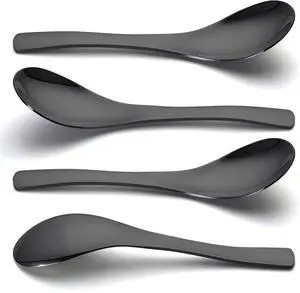 Asian Soup Spoon, Set of 4, 6 Inch Black Stainless Steel Utensil for Pho, Noodles, Ramen, Stews, Heavy Duty & Easy to Clean Asian Soup Spoon, Set of 4, 6 Inch Black Stainless Steel Utensil for Pho, Noodles, Ramen, Stews, Heavy Duty & Easy to Clean