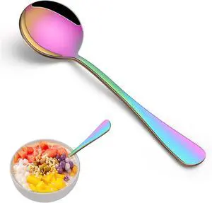 8-Piece Rainbow Soup Spoons Set, 7.4 Inch Colorful Stainless Steel Silverware Round Spoon Set, Mirror Polished Iridescent Metal Spoons for Cereal & Dessert 8-Piece Rainbow Soup Spoons Set, 7.4 Inch Colorful Stainless Steel Silverware Round Spoon Set, Mirror Polished Iridescent Metal Spoons for Cereal & Dessert