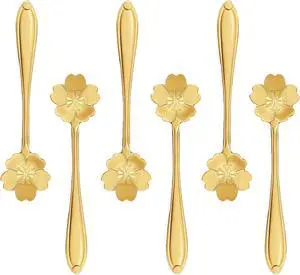 Gold Cherry Blossom Coffee Spoons Set of 6, 5" Mini Tea Espresso Spoons | Stainless Steel, Rust-resistant, Dishwasher Safe, for Dessert, Sugar Bowl, Stirring, Cappuccino, Tea Party, Cute Floral Gold Cherry Blossom Coffee Spoons Set of 6, 5" Mini Tea Espresso Spoons | Stainless Steel, Rust-resistant, Dishwasher Safe, for Dessert, Sugar Bowl, Stirring, Cappuccino, Tea Party, Cute Floral