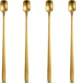 Gold Coffee Spoons Set of 4, 6.69-Inch Long Handle Square Espresso Spoons | Polished Stainless Steel with Gold Finish; Reaches Tall Mugs, Latte Glasses, Iced Tea, Yogurt, Ice Cream and Dessert Cups Gold Coffee Spoons Set of 4, 6.69-Inch Long Handle Square Espresso Spoons | Polished Stainless Steel with Gold Finish; Reaches Tall Mugs, Latte Glasses, Iced Tea, Yogurt, Ice Cream and Dessert Cups