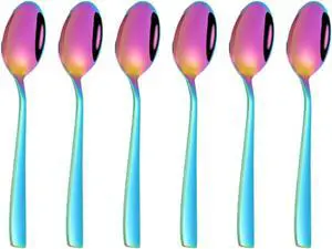 Rainbow Teaspoon Set of 6, 6 inches Mini Stainless Steel Silverware Dessert Spoons Espresso Spoons for Home, Kitchen, Restaurant, Mirror Finish and Dishwasher Safe Rainbow Teaspoon Set of 6, 6 inches Mini Stainless Steel Silverware Dessert Spoons Espresso Spoons for Home, Kitchen, Restaurant, Mirror Finish and Dishwasher Safe