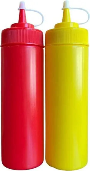 Ketchup and Mustard Squeeze Bottle Dispenser Set 12-Ounce Each For BBQ, Picnics and Home Use - Wide Mouth With Caps Ketchup and Mustard Squeeze Bottle Dispenser Set 12-Ounce Each For BBQ, Picnics and Home Use - Wide Mouth With Caps