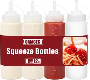 OAMCEG 12oz Condiment Squeeze Bottles, 4 Pack Durable Plastic Sauce Bottles | Squirt Bottle with Discrete Measurements for Salad, BBQ, Syrup, Ketchup Bottles for Condiments, Dressings, Arts and Crafts OAMCEG 12oz Condiment Squeeze Bottles, 4 Pack Durable Plastic Sauce Bottles | Squirt Bottle with Discrete Measurements for Salad, BBQ, Syrup, Ketchup Bottles for Condiments, Dressings, Arts and Crafts