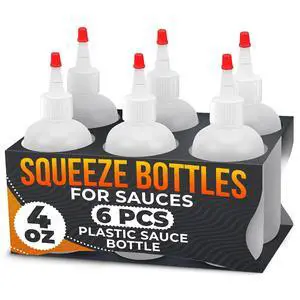 BURIUS 6-Pack Squeeze Bottles for Liquids 4 oz | Clear, Refillable Bottles with Measurement Markings - Dispense Oil, Dressing, Ketchup, and Syrup BURIUS 6-Pack Squeeze Bottles for Liquids 4 oz | Clear, Refillable Bottles with Measurement Markings - Dispense Oil, Dressing, Ketchup, and Syrup