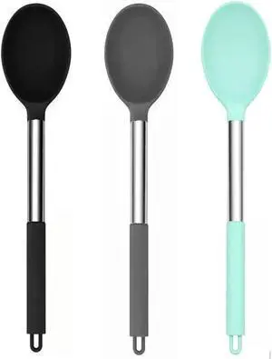 Silicone Solid Cooking Spoon Set (13.2"), 3-Pack Large Stainless Steel Handle Non Stick Server Spoon Heat Resistant 600°F, Metal Basting Spoon, Kitchen Utensils for Mixing Serving Silicone Solid Cooking Spoon Set (13.2"), 3-Pack Large Stainless Steel Handle Non Stick Server Spoon Heat Resistant 600°F, Metal Basting Spoon, Kitchen Utensils for Mixing Serving