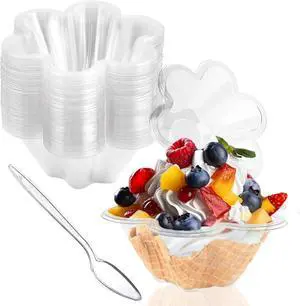8 oz Plastic Dessert Cups with Spoons, 50ct | Clear Flower Shaped Party Sundae Serving Bowls, Parfait Appetizer Cups for Ice Cream, Nuts, Salad 8 oz Plastic Dessert Cups with Spoons, 50ct | Clear Flower Shaped Party Sundae Serving Bowls, Parfait Appetizer Cups for Ice Cream, Nuts, Salad