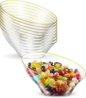 PLASTICPRO Angled Plastic Bowls Disposable Small Plastic Clear Serving Bowls with Gold Rim for Party for Appetizer Salads Pack of 8 PLASTICPRO Angled Plastic Bowls Disposable Small Plastic Clear Serving Bowls with Gold Rim for Party for Appetizer Salads Pack of 8