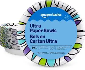 Amazon Basics Ultra Disposable Paper Bowls, 20 Oz, Microwave Safe, Soak Proof, Strong & Sturdy, White, 50 Count, Packaging May Vary Amazon Basics Ultra Disposable Paper Bowls, 20 Oz, Microwave Safe, Soak Proof, Strong & Sturdy, White, 50 Count, Packaging May Vary