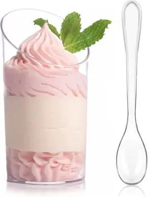 Zezzxu 50 Pcs 2.2 oz Mini Dessert Cups with Spoons, Serves 25 | Small Plastic Dessert Shooter Cups, Parfait Shot Glasses, Slanted Tiny Cups for Cheesecake, Mousse, Pudding, Jello, Triffle Zezzxu 50 Pcs 2.2 oz Mini Dessert Cups with Spoons, Serves 25 | Small Plastic Dessert Shooter Cups, Parfait Shot Glasses, Slanted Tiny Cups for Cheesecake, Mousse, Pudding, Jello, Triffle