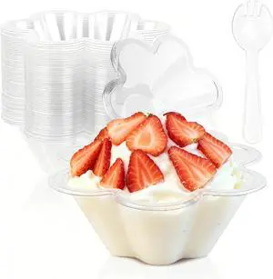 50 Pcs 8 Oz flower-shaped transparent plastic dessert cups, with Spoons | Food-grade PET plastic, 1.7"H, 4.7"L top, BPA-free, ice cream, fruit, weddings, birthdays, baby showers 50 Pcs 8 Oz flower-shaped transparent plastic dessert cups, with Spoons | Food-grade PET plastic, 1.7"H, 4.7"L top, BPA-free, ice cream, fruit, weddings, birthdays, baby showers