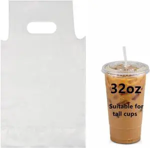 Elyfree Drink Carrier for Delivery, 32oz Drink Packaging Bags, 100PCS Clear Plastic Bags with Handle Drink Cups Delivery Take Out Elyfree Drink Carrier for Delivery, 32oz Drink Packaging Bags, 100PCS Clear Plastic Bags with Handle Drink Cups Delivery Take Out