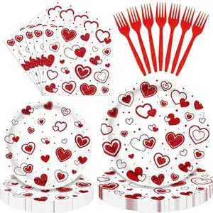 Photken 96 Pieces Valentines Day Tableware Set Red Heart Disposable Plates, Napkins, and Forks for Romantic Dinners, Weddings, Anniversaries, and Love-Themed Parties Serves 24 Photken 96 Pieces Valentines Day Tableware Set Red Heart Disposable Plates, Napkins, and Forks for Romantic Dinners, Weddings, Anniversaries, and Love-Themed Parties Serves 24