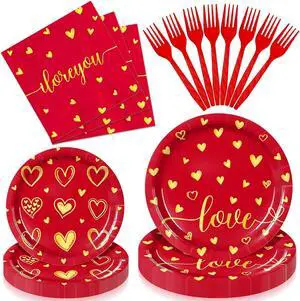 96 Pieces Valentines Day Love Tableware Set Red and Gold Heart Disposable Plates, Napkins, and Forks for Romantic Dinners, Wedding, Anniversaries, and Valentine Celebrations Serves 24 Guests 96 Pieces Valentines Day Love Tableware Set Red and Gold Heart Disposable Plates, Napkins, and Forks for Romantic Dinners, Wedding, Anniversaries, and Valentine Celebrations Serves 24 Guests