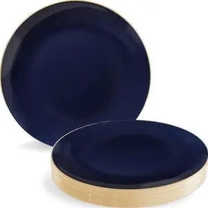 Navy Blue Round Organic Plastic Salad Plates With Gold Rim Design (7.5") - Pack Of 10 - Disposable & Elegant, Perfect for Parties, Weddings & Special Events Navy Blue Round Organic Plastic Salad Plates With Gold Rim Design (7.5") - Pack Of 10 - Disposable & Elegant, Perfect for Parties, Weddings & Special Events