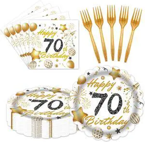 60 Pcs 70th Paper Plates and Napkins Forks White gold Birthday Decorations | Party Tableware for Men Women Birthday Party Decorations,Serve 20 60 Pcs 70th Paper Plates and Napkins Forks White gold Birthday Decorations | Party Tableware for Men Women Birthday Party Decorations,Serve 20