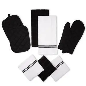 Mainstays 8-Piece Cotton Kitchen Towel, Dishcloth, Oven Mitt, and Pot Holder Set, Black Mainstays 8-Piece Cotton Kitchen Towel, Dishcloth, Oven Mitt, and Pot Holder Set, Black