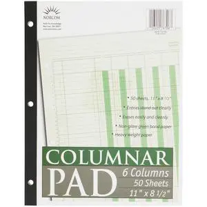 Norcom, Columnar Ledger Pad, 6 Columns, 8.5" x 11", Letter Size, 50 Sheets Norcom, Columnar Ledger Pad, 6 Columns, 8.5" x 11", Letter Size, 50 Sheets