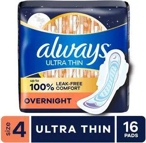 Always UltraThin Size4 Overnight Pads 16Count Unscented, 45% Extra Back Coverage, RapidDRY & LeakGUARD for Upto11Hour LeakFree Overnight Protection Always UltraThin Size4 Overnight Pads 16Count Unscented, 45% Extra Back Coverage, RapidDRY & LeakGUARD for Upto11Hour LeakFree Overnight Protection