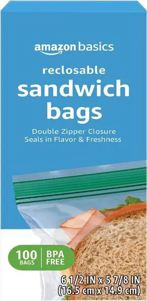 Amazon Basics 100Count Double Zipper Sandwich Bags, Clear LDPE Rectangular Food Storage Bags, BPAFree Reusable 6.5" x 5.88" Bags Amazon Basics 100Count Double Zipper Sandwich Bags, Clear LDPE Rectangular Food Storage Bags, BPAFree Reusable 6.5" x 5.88" Bags
