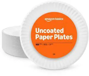Amazon Basics 9" Uncoated White Paper Plates, Microwave Safe, 100 Count Amazon Basics 9" Uncoated White Paper Plates, Microwave Safe, 100 Count