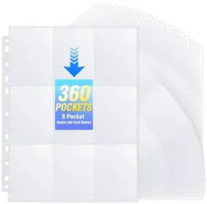 360 Pockets Binder Card Sleeves Double-Sided 9 Pocket Trading Card Pages for 3 Ring Binder, Clear Plastic Pages Sleeves for Sport Cards, Business Cards, Game Cards, Photos (20 Pack) 360 Pockets Binder Card Sleeves Double-Sided 9 Pocket Trading Card Pages for 3 Ring Binder, Clear Plastic Pages Sleeves for Sport Cards, Business Cards, Game Cards, Photos (20 Pack)