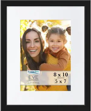 Icona Bay 8x10 Black Picture Frame w/Removable Mat to 5x7, Modern Double-Beveled Frame, Tabletop or Wall Mount, Eve Collection Icona Bay 8x10 Black Picture Frame w/Removable Mat to 5x7, Modern Double-Beveled Frame, Tabletop or Wall Mount, Eve Collection
