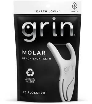 GRIN Molar Flosspyx 75 Count Minty Flavor Recycled Plastic Floss Picks for Reaching Back Teeth Slide Easily between Teeth Includes Safe Soft Fold-Back Tooth Pick GRIN Molar Flosspyx 75 Count Minty Flavor Recycled Plastic Floss Picks for Reaching Back Teeth Slide Easily between Teeth Includes Safe Soft Fold-Back Tooth Pick