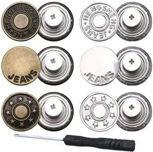 6pcs 17mm No-Sew Nailess Removable Metal Jeans Button Replacement Pins, Adjustable Metal Pants Button Tightener, Repair Combo Thread Rivets and Screwdrivers 6pcs 17mm No-Sew Nailess Removable Metal Jeans Button Replacement Pins, Adjustable Metal Pants Button Tightener, Repair Combo Thread Rivets and Screwdrivers