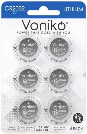 Voniko CR2032 3V Lithium Batteries 6 Pack, Child Safety, Compatible with AirTag, Key Fobs, Thermometers, Scales, 7 Years Shelf Life Voniko CR2032 3V Lithium Batteries 6 Pack, Child Safety, Compatible with AirTag, Key Fobs, Thermometers, Scales, 7 Years Shelf Life