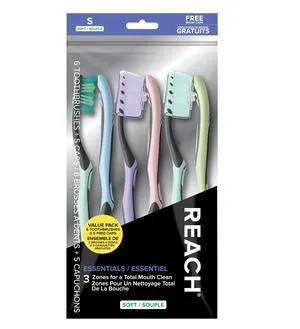 Reach Essentials Soft Toothbrushes with Toothbrush Caps, 6 Count Reach Essentials Soft Toothbrushes with Toothbrush Caps, 6 Count