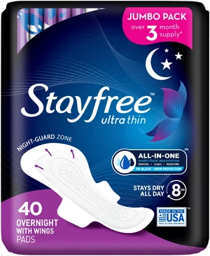 Stayfree Ultra Thin Overnight Pads With Wings, 40 Count, Multi-Fluid Absorption, Up to 10 Hours Protection Stayfree Ultra Thin Overnight Pads With Wings, 40 Count, Multi-Fluid Absorption, Up to 10 Hours Protection