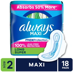 Always Maxi Daytime Pads with Wings, Size 2, Long, Unscented, 18 Count Always Maxi Daytime Pads with Wings, Size 2, Long, Unscented, 18 Count