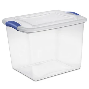 Sterilite 27 Quart Medium Latching Storage Bin, Clear Plastic with Latch Lid, Blue Sterilite 27 Quart Medium Latching Storage Bin, Clear Plastic with Latch Lid, Blue