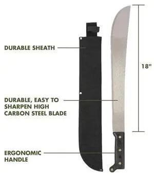 18Inch HighCarbonSteel Machete With Canvas Sheath, Ergonomic Handle for Brush Clearing, Trail Maintenance and Outdoor Yard Work 18Inch HighCarbonSteel Machete With Canvas Sheath, Ergonomic Handle for Brush Clearing, Trail Maintenance and Outdoor Yard Work