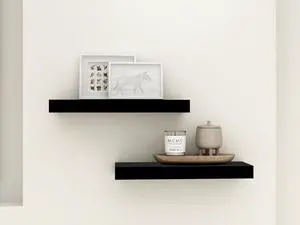 Mainstays Black Floating Wall Shelves Set, 16.5" x 5.5" MDF Engineered Wood Shelves with Mounting Hardware Included Mainstays Black Floating Wall Shelves Set, 16.5" x 5.5" MDF Engineered Wood Shelves with Mounting Hardware Included