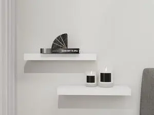 Mainstays White Floating Wall Shelves Set, 16.5" x 5.5" MDF Engineered Wood Shelves with Mounting Hardware Included Mainstays White Floating Wall Shelves Set, 16.5" x 5.5" MDF Engineered Wood Shelves with Mounting Hardware Included