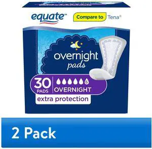(2 pack) (2 pack) Equate Women's Overnight Incontinence Pads, Ultimate Absorbency 30 count (Total 60 Count), Compare to Tena® (2 pack) (2 pack) Equate Women's Overnight Incontinence Pads, Ultimate Absorbency 30 count (Total 60 Count), Compare to Tena®