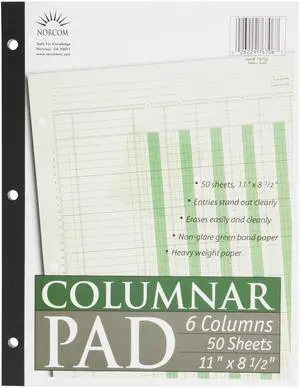 Norcom, Columnar Ledger Pad, 6 Columns, 8.5" x 11", Letter Size, 50 Sheets Norcom, Columnar Ledger Pad, 6 Columns, 8.5" x 11", Letter Size, 50 Sheets