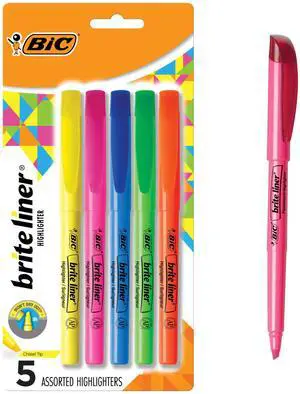 BIC Brite Liner Highlighters, Chisel Tip, 5-Count, Assorted Colors BIC Brite Liner Highlighters, Chisel Tip, 5-Count, Assorted Colors