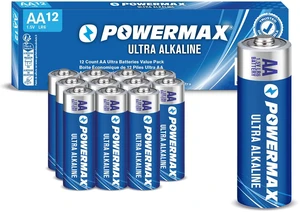 Powermax AA Alkaline Batteries 12-Pack, Double A, Long Lasting Power, 1.5V, Leak Resistant, 10-Year Shelf Life, Reclosable Packaging for Home and Office Powermax AA Alkaline Batteries 12-Pack, Double A, Long Lasting Power, 1.5V, Leak Resistant, 10-Year Shelf Life, Reclosable Packaging for Home and Office