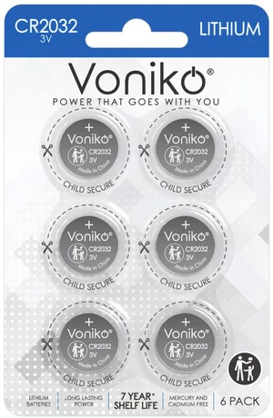 Voniko CR2032 3V Lithium Batteries 6 Pack for Child Safety, Compatible with AirTag, Key Fobs, Thermometers, Scales 7 Years Shelf Life Voniko CR2032 3V Lithium Batteries 6 Pack for Child Safety, Compatible with AirTag, Key Fobs, Thermometers, Scales 7 Years Shelf Life