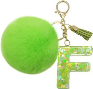Initial Letter Keychain With Green Fur Ball Pom for Women Tassel Butterfly Keyring for Purse Handbag Car Keys Initial Letter Keychain With Green Fur Ball Pom for Women Tassel Butterfly Keyring for Purse Handbag Car Keys