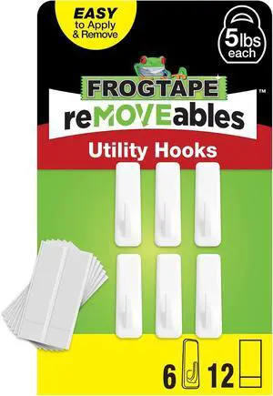 FrogTape reMOVEables Utility Wall Hook Damage Free - 6 Reusable Hooks & 12 Adhesive Strips - Holds up to 5 lbs - Removable Adhesive Large Utility Wall Hooks for Hanging - No Nails - White (Pack of 6) FrogTape reMOVEables Utility Wall Hook Damage Free - 6 Reusable Hooks & 12 Adhesive Strips - Holds up to 5 lbs - Removable Adhesive Large Utility Wall Hooks for Hanging - No Nails - White (Pack of 6)