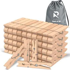 RIVEDA 50pcs Wooden Clothes Pins with Storage Bag, 2.9 Inch Natural Wood Clothespins, Strong Grip Laundry Clips for Clothesline, Hanging Clothes, Crafts & Home Use RIVEDA 50pcs Wooden Clothes Pins with Storage Bag, 2.9 Inch Natural Wood Clothespins, Strong Grip Laundry Clips for Clothesline, Hanging Clothes, Crafts & Home Use