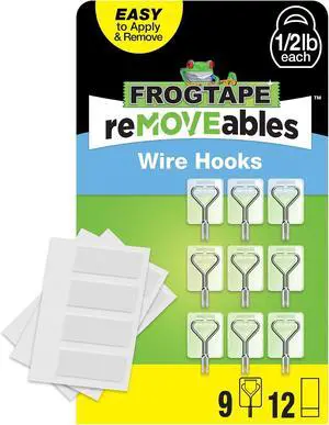 FrogTape reMOVEables Small Wire Hooks - 9 Clear Hooks & 12 Adhesive Strips - Holds up to 0.5 lb - Damage Free Adhesive Hook - Removable & Reusable Wall Hooks for Hanging - No Nails (Pack of 9) FrogTape reMOVEables Small Wire Hooks - 9 Clear Hooks & 12 Adhesive Strips - Holds up to 0.5 lb - Damage Free Adhesive Hook - Removable & Reusable Wall Hooks for Hanging - No Nails (Pack of 9)