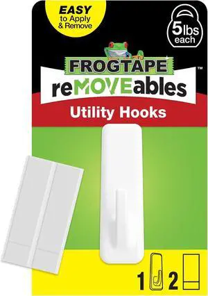 FrogTape reMOVEables Utility Wall Hook Large - Holds up to 5 lbs - 1 Reusable Hook & 2 Adhesive Strips - Damage Free, Removable Wall Hooks for Hanging - No Nails Stick On Hangers - White (Pack of 1) FrogTape reMOVEables Utility Wall Hook Large - Holds up to 5 lbs - 1 Reusable Hook & 2 Adhesive Strips - Damage Free, Removable Wall Hooks for Hanging - No Nails Stick On Hangers - White (Pack of 1)