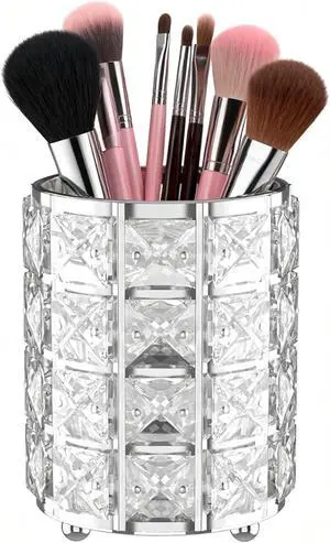 LUGUNU Makeup Brush Holder with Silver Crystal Bling Elegant Vanity Organizer for Brushes, Pens & Pencils, Ideal for Bathroom or Office Countertop(1Pack) LUGUNU Makeup Brush Holder with Silver Crystal Bling Elegant Vanity Organizer for Brushes, Pens & Pencils, Ideal for Bathroom or Office Countertop(1Pack)