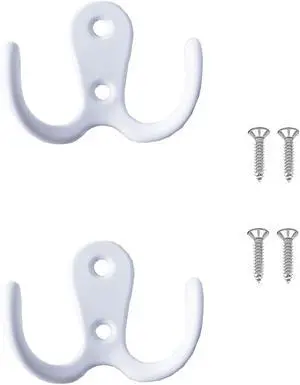2 Pcs Double Prong Robe Hooks, Dual Coat Hooks Wall Mounted Hanging Clothes for Bathroom Bedroom Door Wall Retro Metal Cloth Hanger Double Coat Hooks with 4 Screws (White) 2 Pcs Double Prong Robe Hooks, Dual Coat Hooks Wall Mounted Hanging Clothes for Bathroom Bedroom Door Wall Retro Metal Cloth Hanger Double Coat Hooks with 4 Screws (White)
