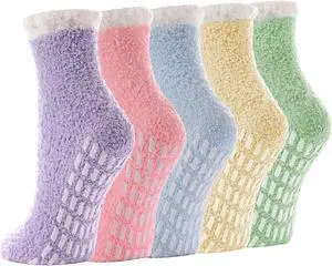 5 Pairs Fuzzy Socks with Grips for Women, Non Slip Cozy Fluffy Soft Socks, Winter Sleep Slipper Hospital 5 Pairs Fuzzy Socks with Grips for Women, Non Slip Cozy Fluffy Soft Socks, Winter Sleep Slipper Hospital