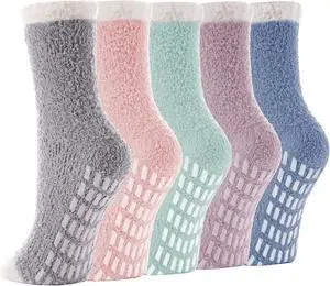 5 Pairs Fuzzy Socks with Grips for Women, Non Slip Cozy Fluffy Soft Socks, Winter Sleep Slipper Hospital 5 Pairs Fuzzy Socks with Grips for Women, Non Slip Cozy Fluffy Soft Socks, Winter Sleep Slipper Hospital